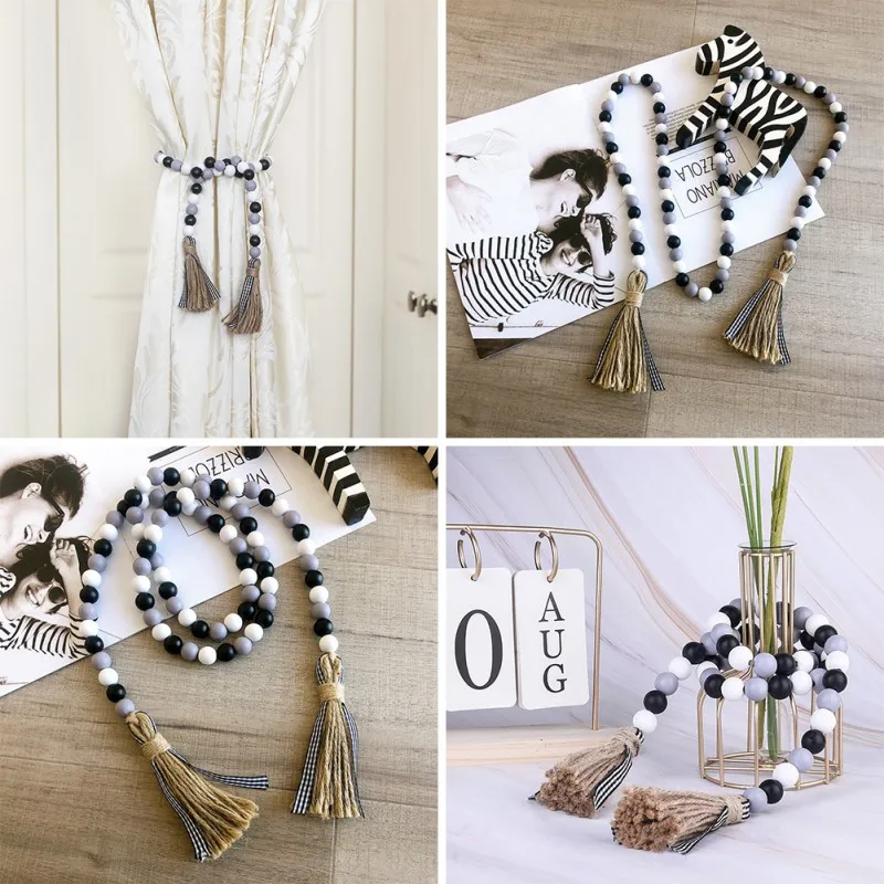 

European Wood Bead Garland with Tassels Farmhouse Beads Rustic Country Decor Kid Room Wall Hanging Ornament Home Decor