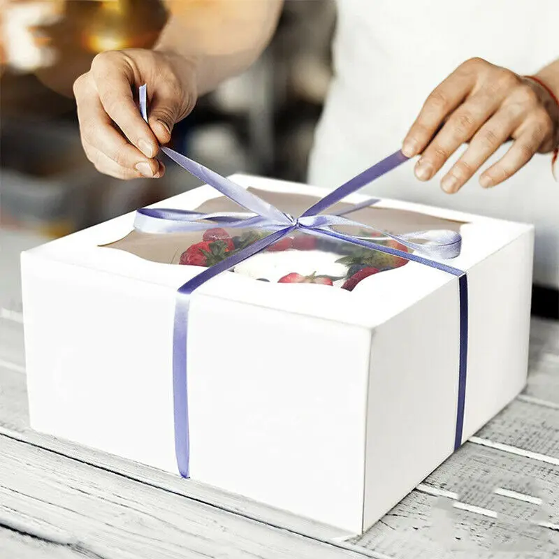 

Delidge 6 Pcs White Cake Boxes for Wedding Birthday Heart Flower Square Shape Cake Case Dessert Packaging Boxes with Window