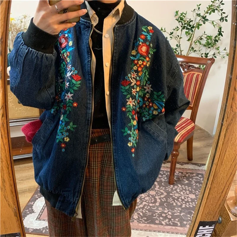 

2XL бабушка ковбойский стиль вышивка бейсбольная Униформа куртка в 2021 Весенняя мода восстанавливающая древние способы свободный s