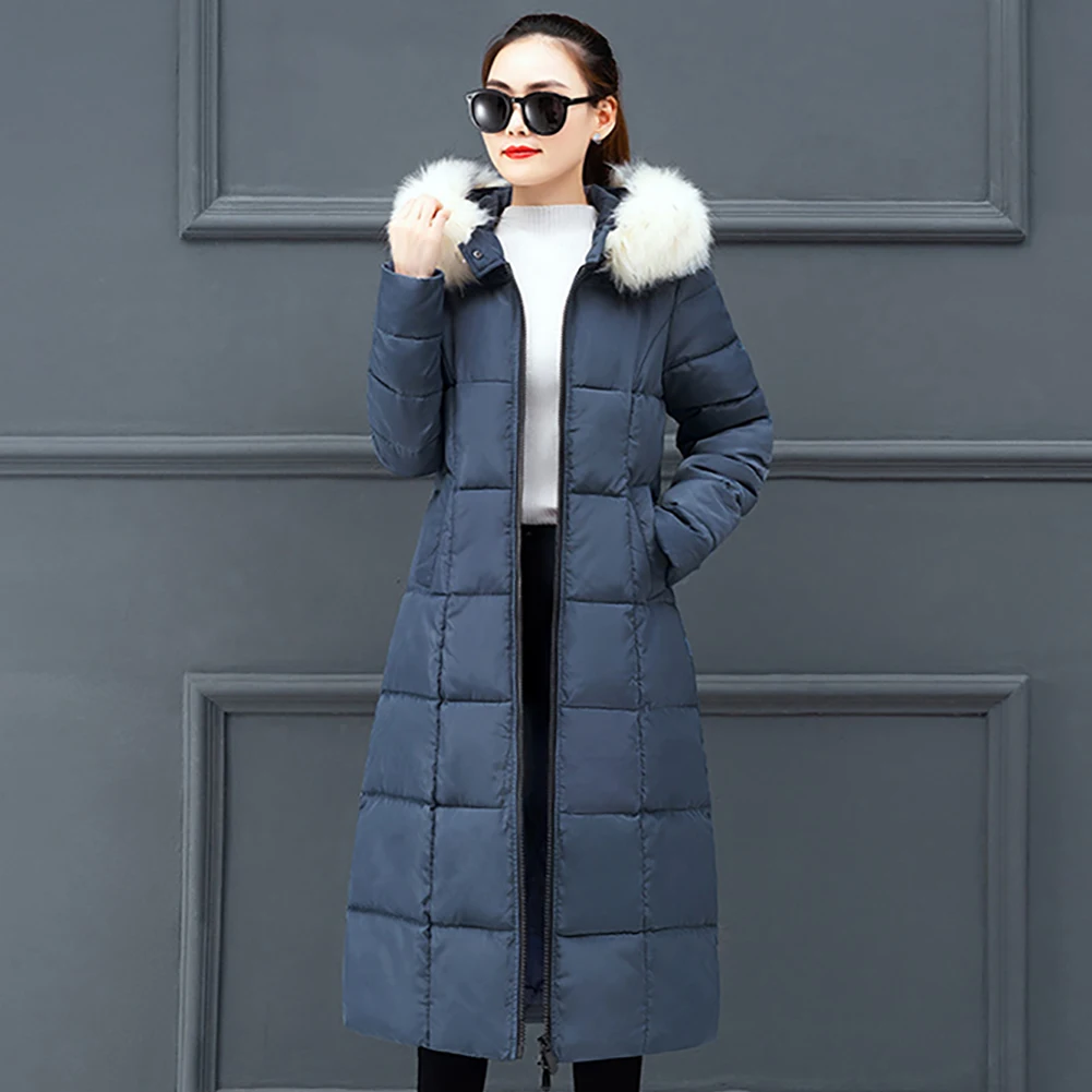 With Pockets Solid Long Sleeve Slim Fit Women Down Coat Zipper Warm Casual Windproof Thickening Daily Winter Faux Fur Hooded |