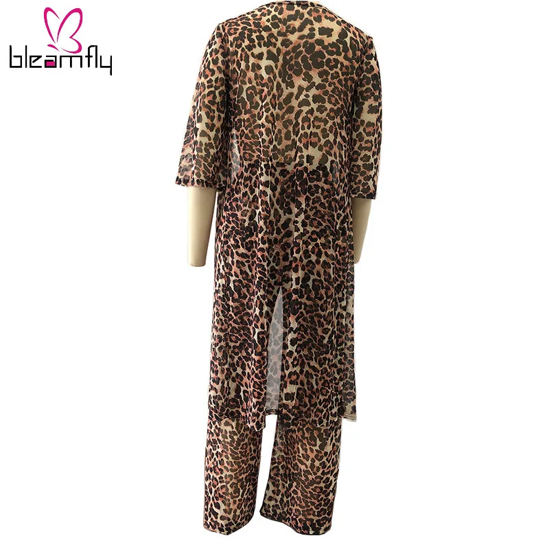 Осень 2019 женский Кардиган с длинным рукавом и леопардовым принтом широкие брюки