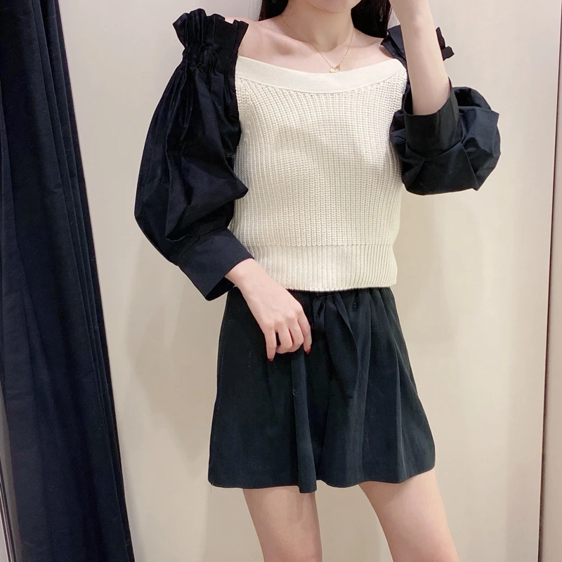 Осень 2020 Новый женский дизайн с рукавами-пузырями сшитые Короткие ретро вязаные