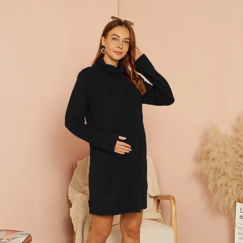 

PatPat 2021 New Arrival Spring Maternity Pile collar Plain Short H Long-sleeve Nursing Dress for Woman Dress