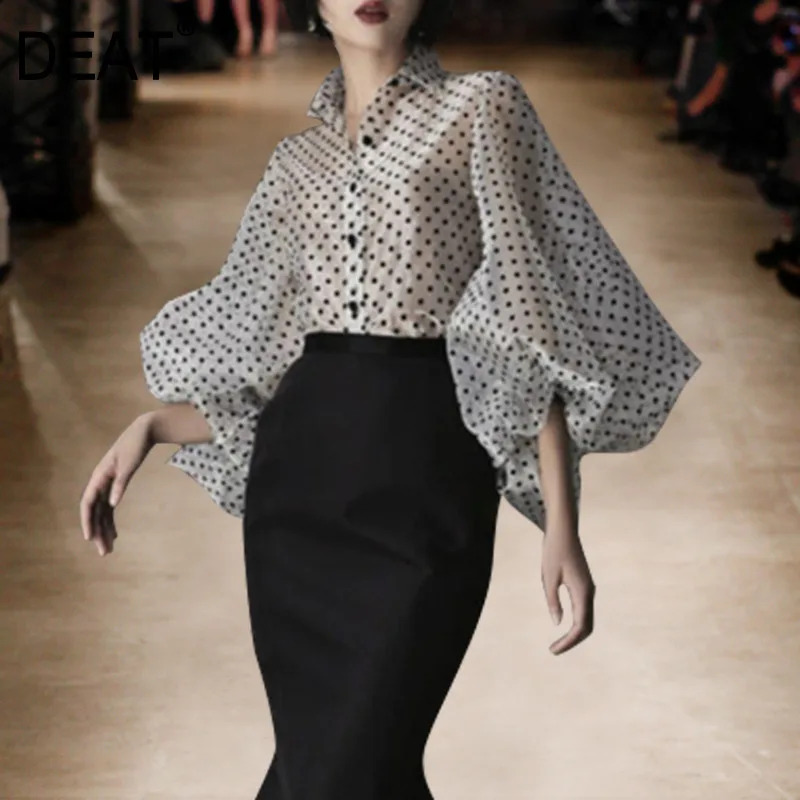 Женская тонкая рубашка в горошек DEAT черная Повседневная Свободная с