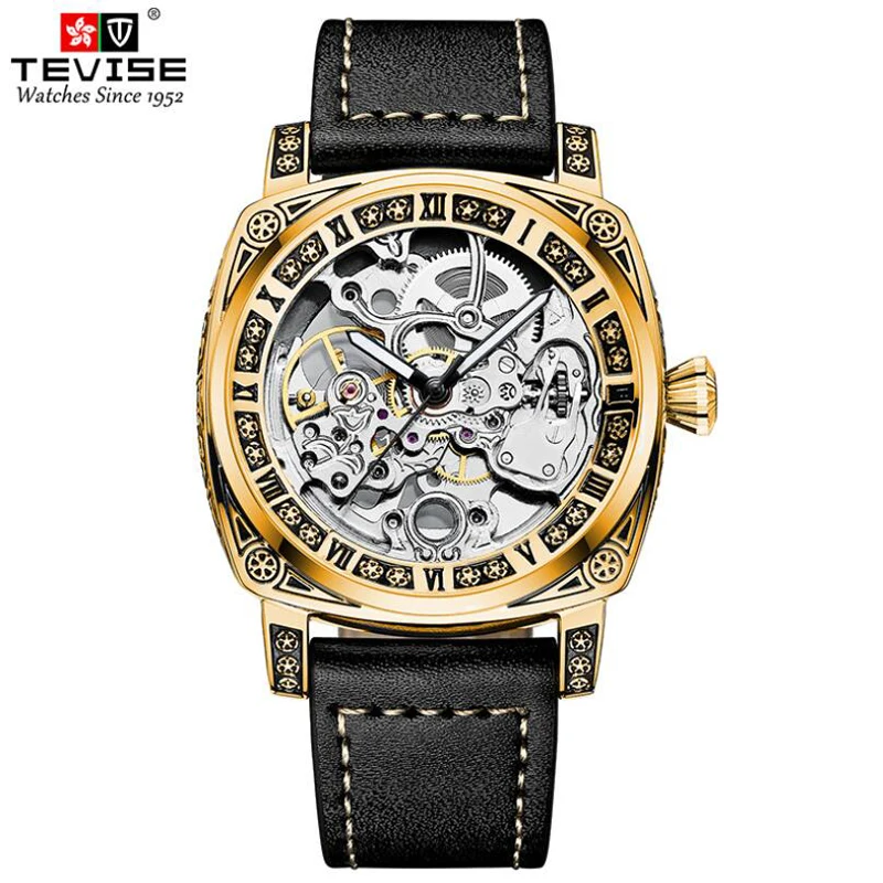 

TEVISE Brand Hollow Mechanical Watches For Men Luxury Sport Leather Automatic Watches Mens Clocks With Box Relogio Masculino