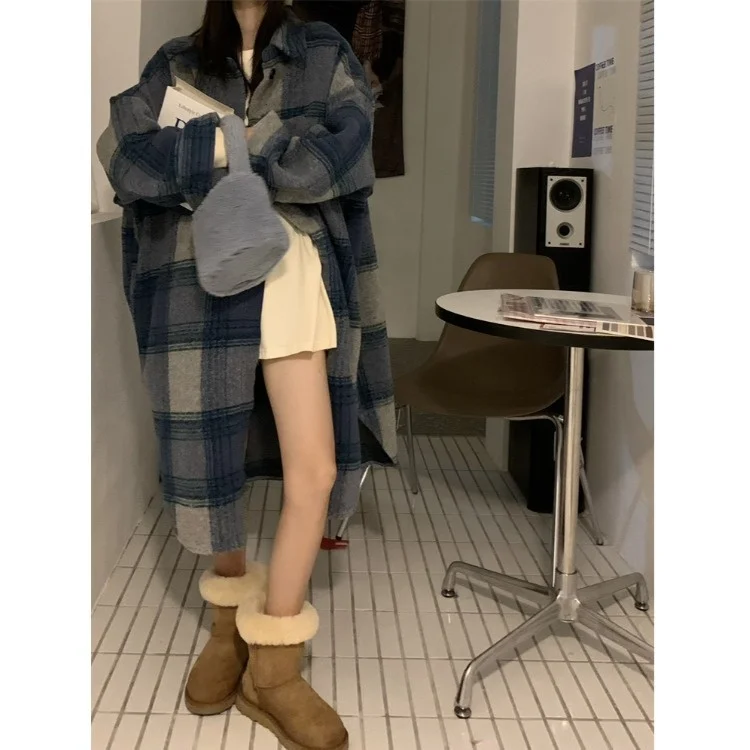 

Blue Plaid Wool Coat Winter Thickened Temperament Gentle Medium and Long Wool Coat C848a