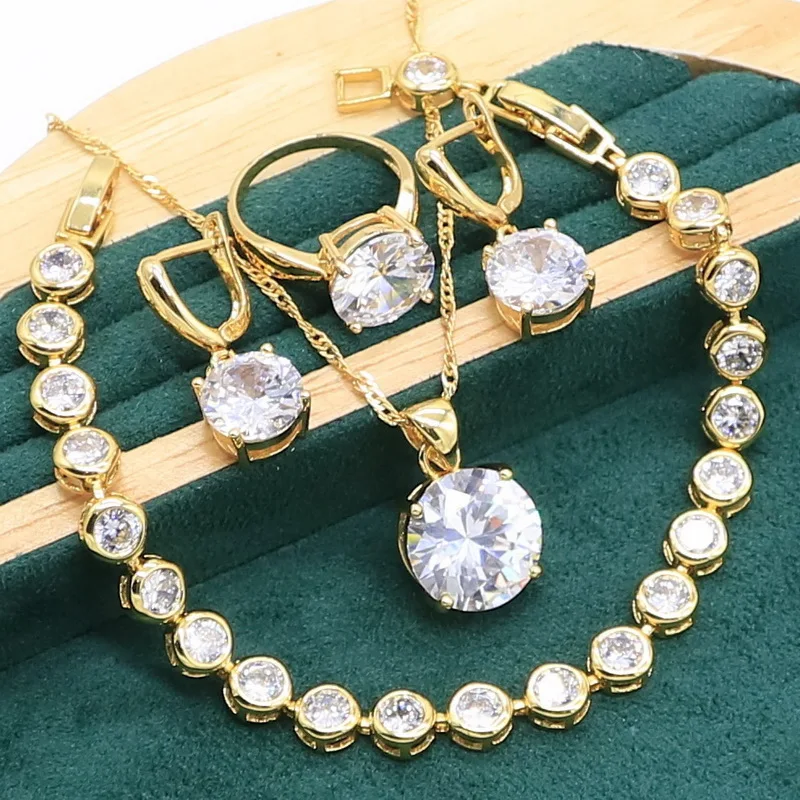 

Classic White Zircon Gold Color Jewelry set for Women Bracelet Earrings Necklace pendant Ring