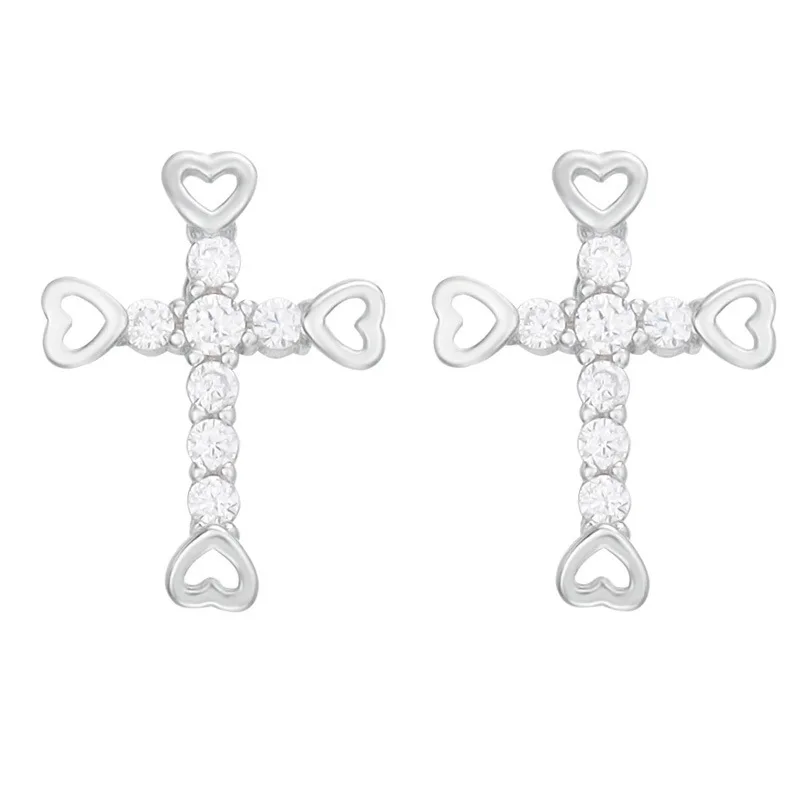 

S925 Sterling Silver Cross Earrings Female Korean Fashion Luxury Temperament Heart-Shaped Earrings Sweet Cute Crystal Ear Stud