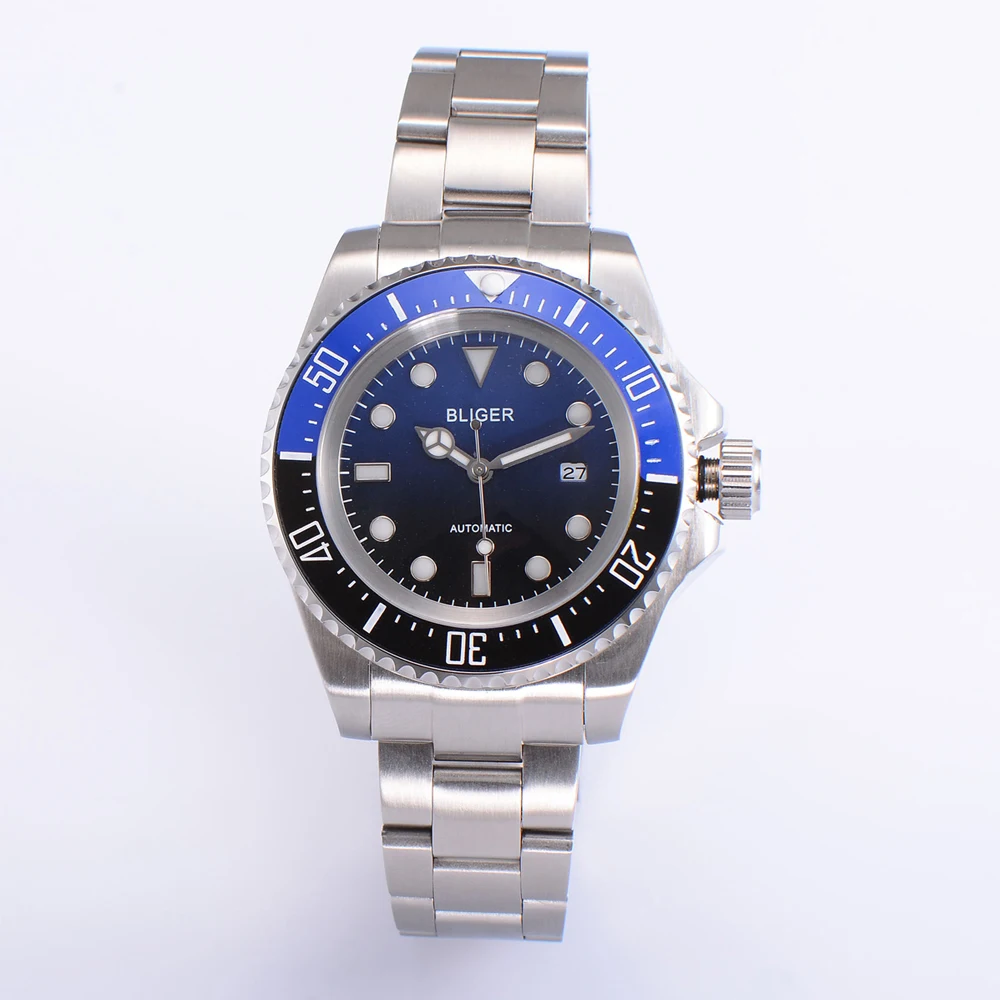 Мужские часы bliger44мм с градиентным циферблатом черного и синего цвета