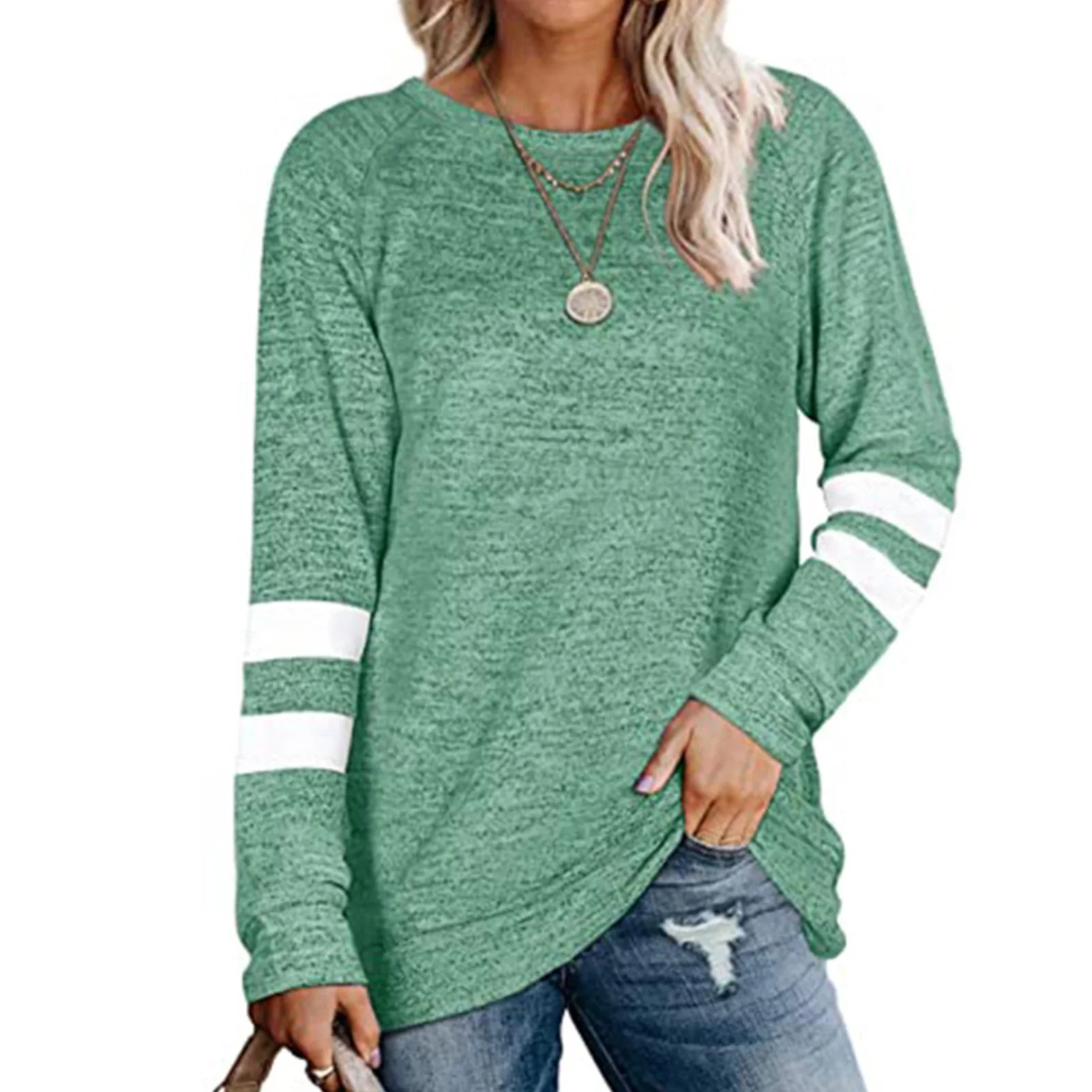 

HOT SALESNew Arrival Casual Women Autumn Long Sleeve O Neck Stripes Patchwork Tunic Top Loose Blouse