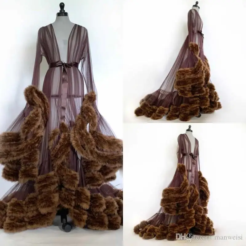 Халат женский с длинным рукавом V образным вырезом и оборками|Свадебные