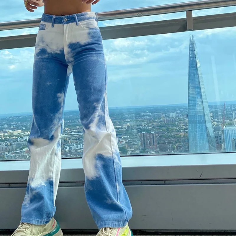 

Джинсовые брюки с широкими штанинами и принтом тай-дай, женские Y2K, в стиле Харадзюку, повседневные, с высокой талией, Капри, с карманами, улич...