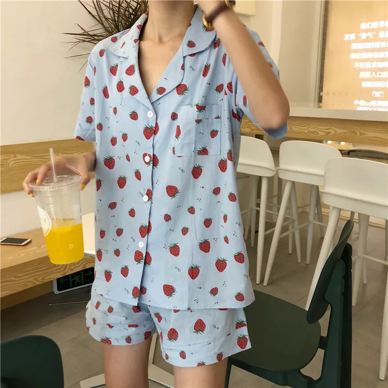 Women's Pajamas Summer New Korean Loose Thin Shorts  Lovely Female Sleepwear Sweet Leisure Home Suit Nightgown Cotton Nightwear