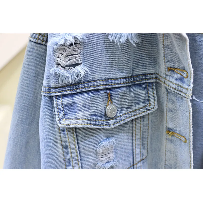 

Handwork Diamond Tassel Hole Short Denim Jacket Women Spring Loose Letter Print Jeans Jacket Coat Female Chaqueta Mujer Outwear