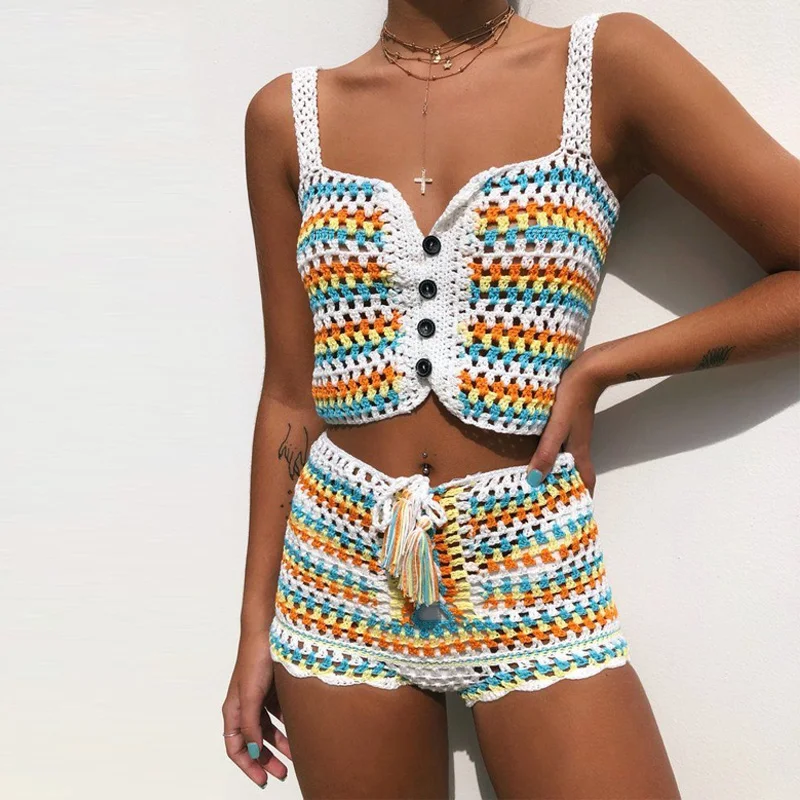 Multi Color Knitted Crochet Crop Top and Shorts Summer Beach Women 2 Piece Set Cool Girls Lace Up Romper Bikini Beachwear 2020
