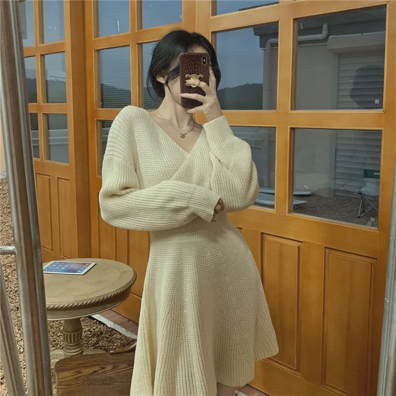 

Autumn High Waist Knitted Dress Women Sexy Cross V-neck Slim A-line Casual Knit Mini Dresses Party Korean Style Knitwear