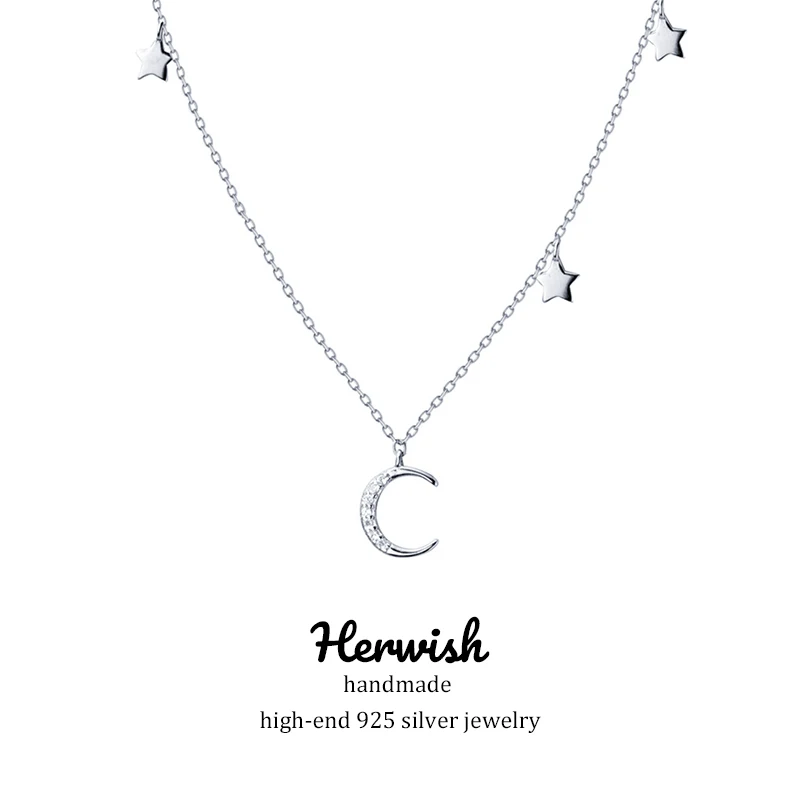 Moon and Star Herwish, ожерелье-чокер в виде звезды и Луны, цепочка 925 пробы, Серебряное чокер, ожерелье, подарок для подруги, милые корейские женские ювелирные изделия - Окраска металла: Moon and Star