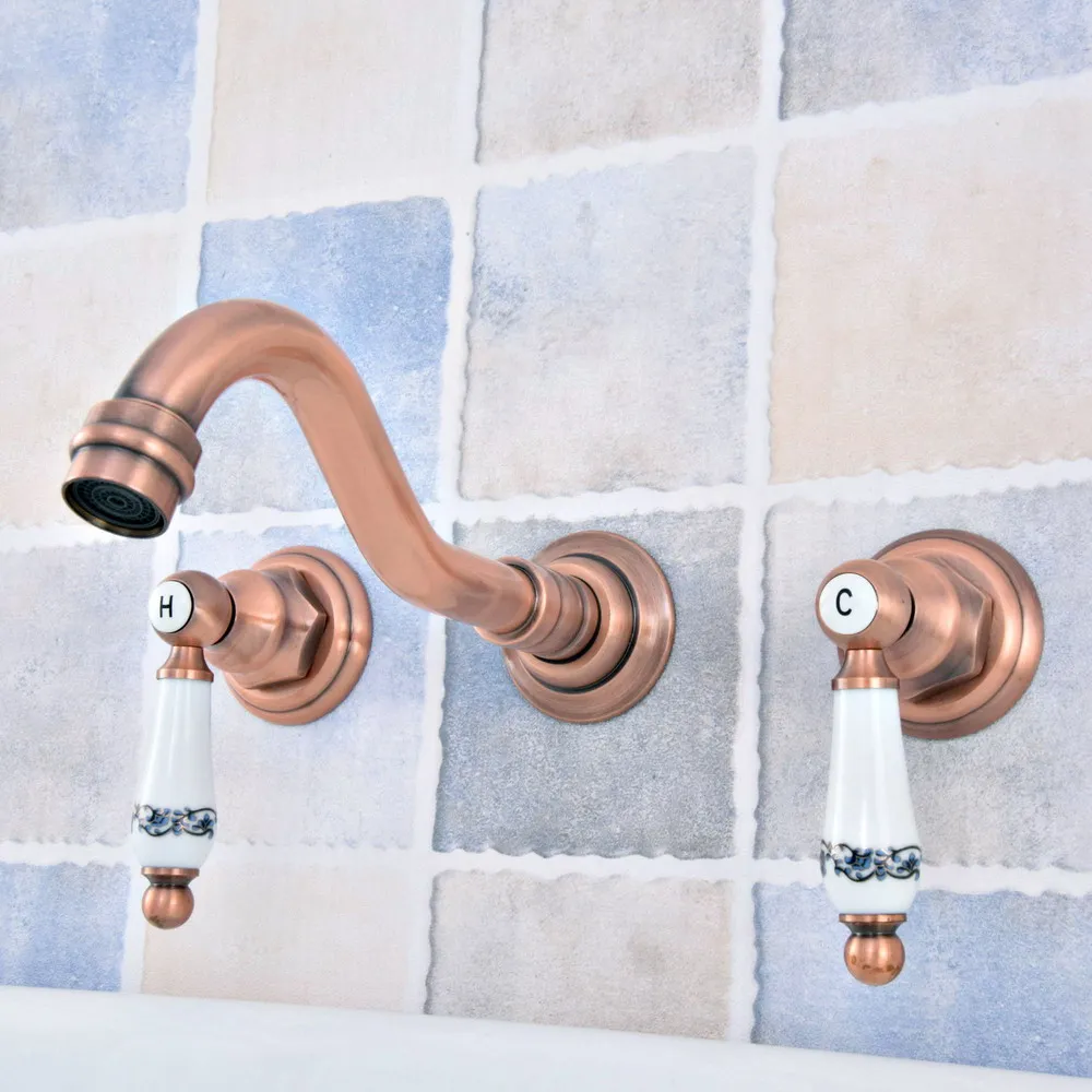 

Antique Red Copper Brass Wall Mounted Dual Handles Widespread Bathroom 3 Holes Basin Tub Faucet Mixer Water Taps msf523
