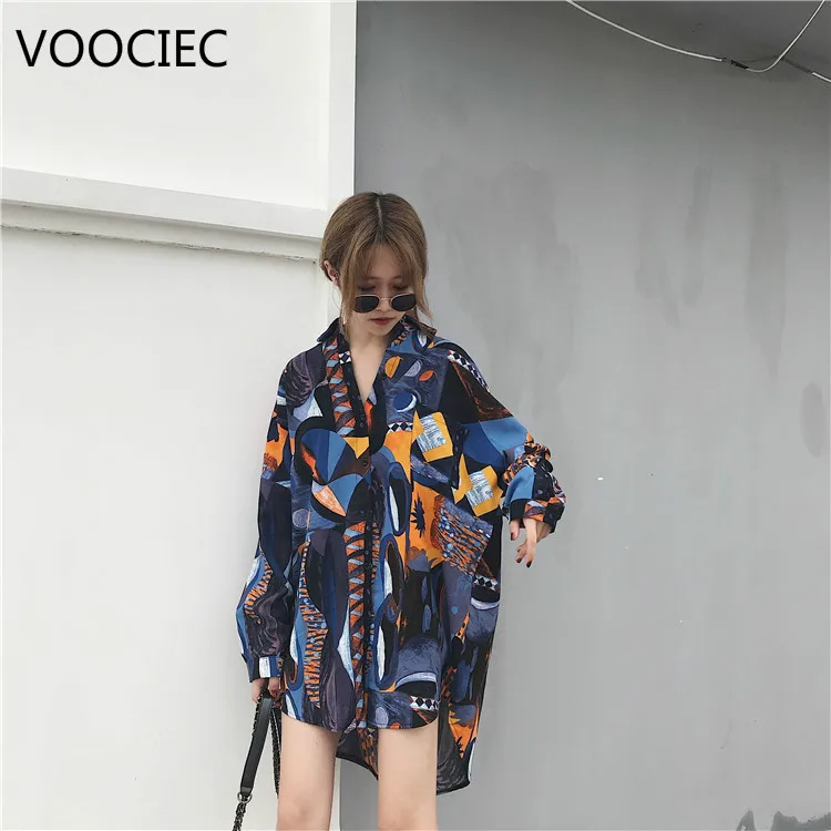 

VOOCIEC 2020 Autumn Medium length Printing Women Blouses High Street Retro Harajuku Fashion Voile Blouse Loose Coat