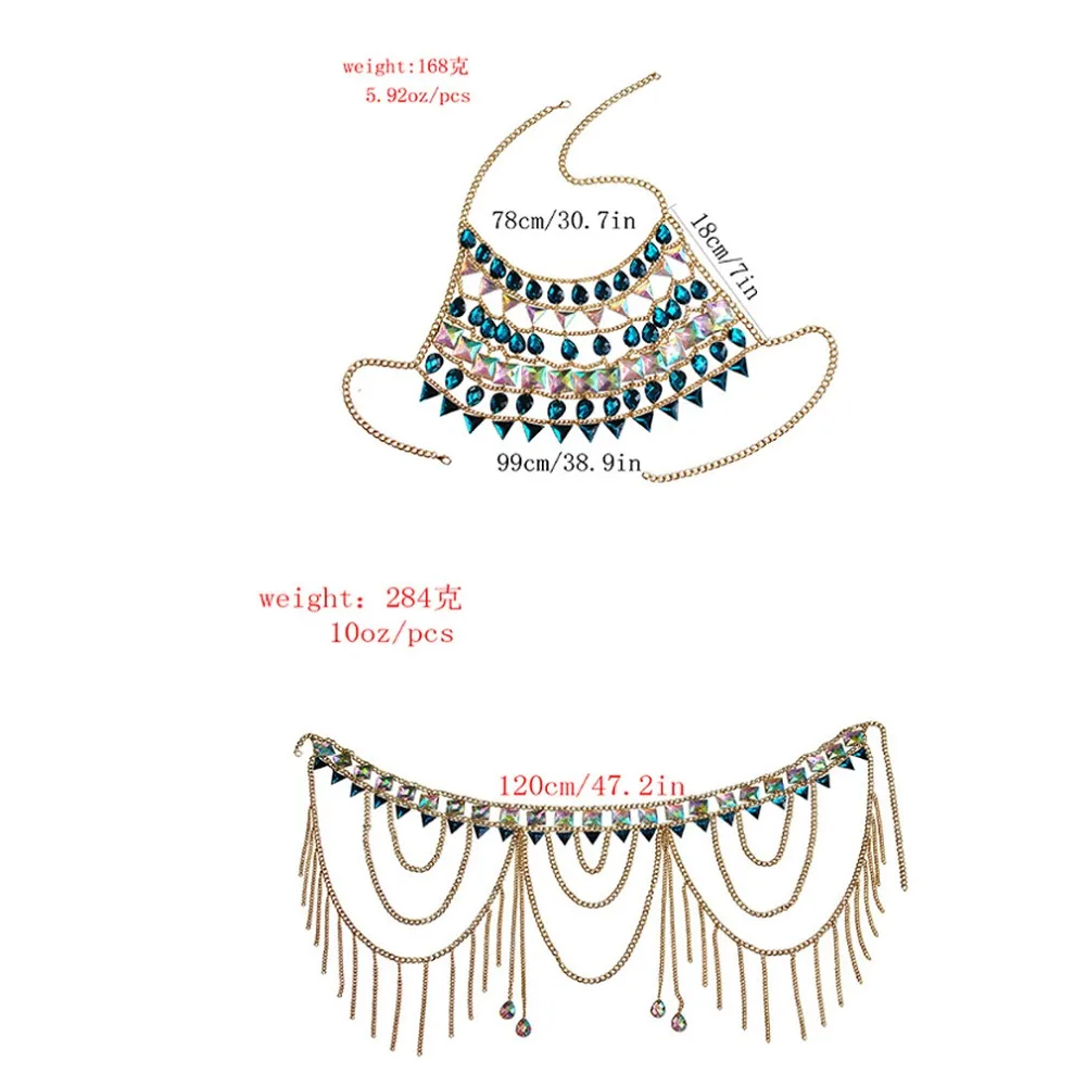 Boho 1 комплект, металлическая цепочка, бюстгальтер на бретельках для тела, кристалл, нагрудный ремень, украшение с зажимом, блестки, клетчатый Топ, плюс размер, женская одежда в стиле рейв на Хэллоуин