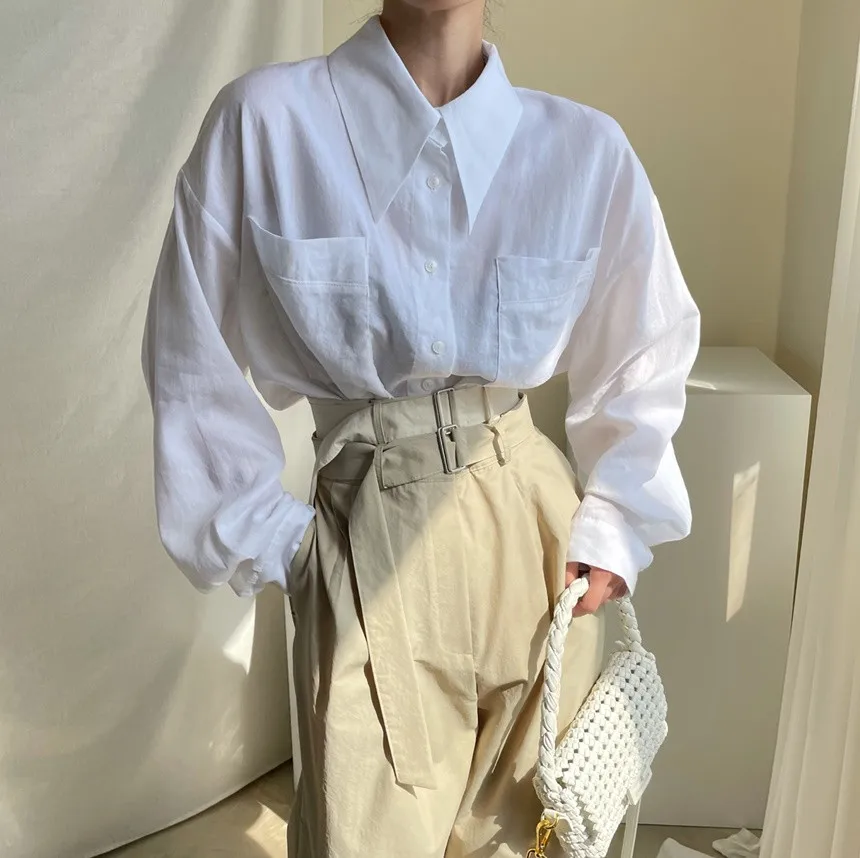 

Chic Turn-down Collar Women Loose Casual Shirts Blouses Full Sleeve Oversized Female Full Sleeve Shirts 2021 Autumn Blusas WB127