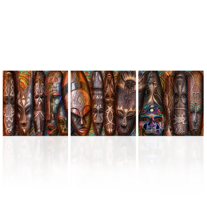 

3 Panels HD Printed Modern Wall Art Canvas Masks Painting Art Abstract African Mask Exotic Canvas Prints for Living Room