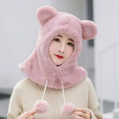PLOERMIN новые милые Мультяшные уши Skullies Beanies кроличий мех вязаные шапки зимние толстые теплые мягкие Твердые крышки Зимние женские шапки - Цвет: dark pink