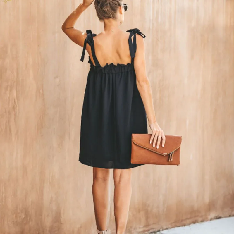 

Summer Women Sexy Sleeveless Backless Mini Dresses Fashion Sweet Bowknot Straps Party Dress Elegant Solid Ruffle Beach Dress