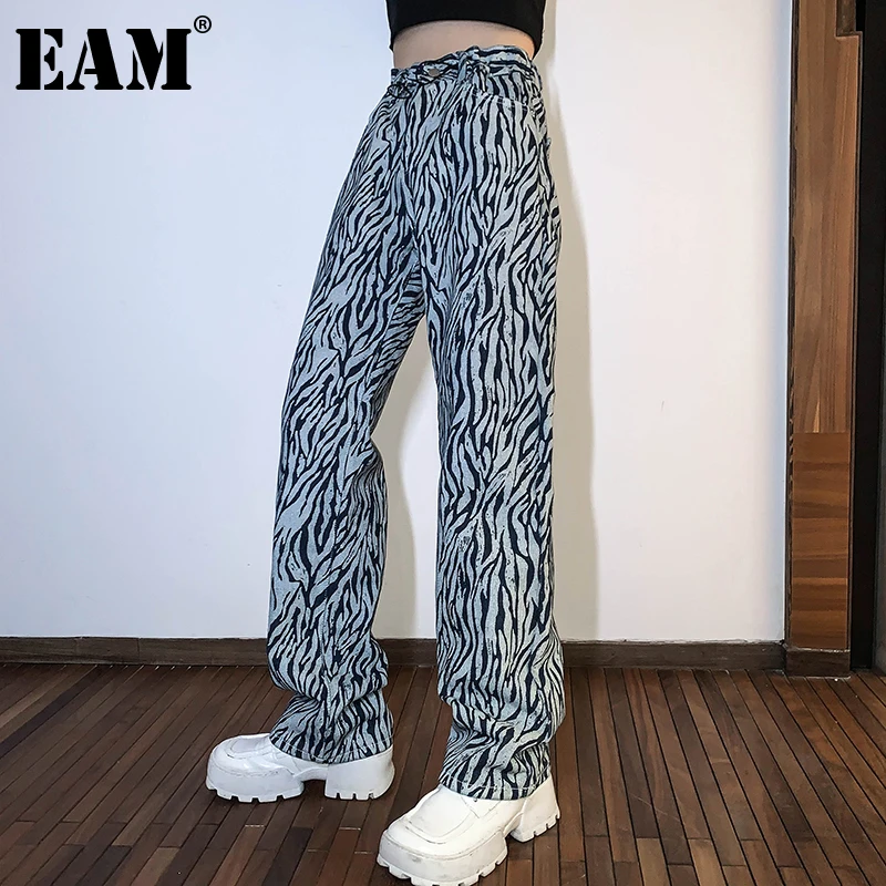 

[EAM] длинные джинсовые повседневные штаны с высокой талией и принтом зебры, новые свободные штаны для женщин, модные весенне-осенние 2021 1DE0902