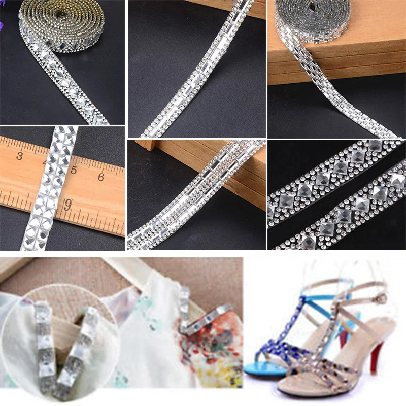 

1Yard Silver Rhinestone Ribbon Beaded Iron Embellishments For Wedding Dress Decoration Trim Applique Sew On Garment Bags