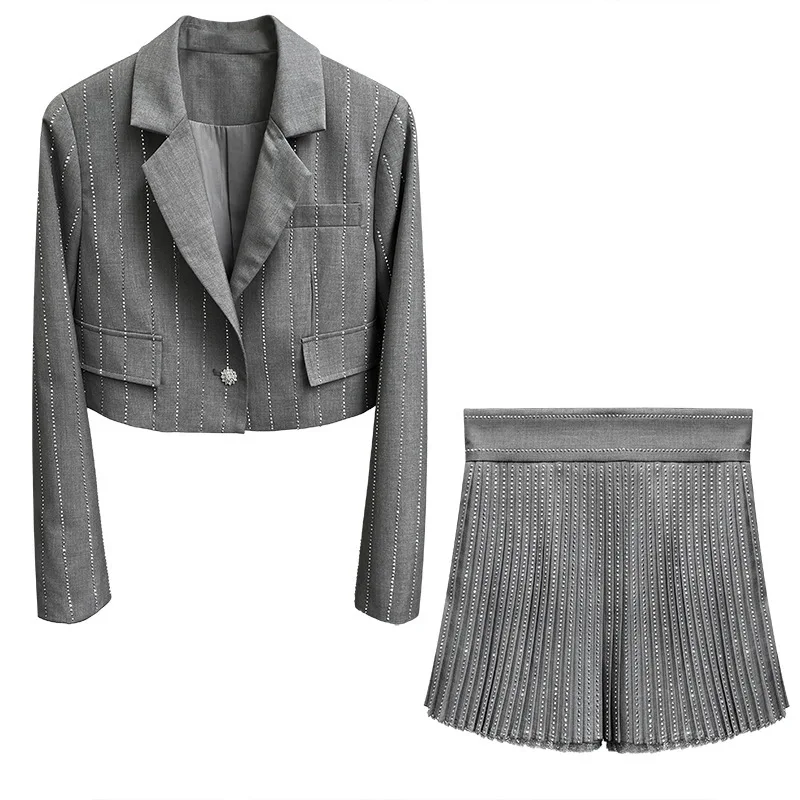 

[DEAT] Single Button Gray Striped Top Hot Drilling Shorts Suit High Waist Pleated Trouser Skirt Y2k Clothes 2021 Spring GX327