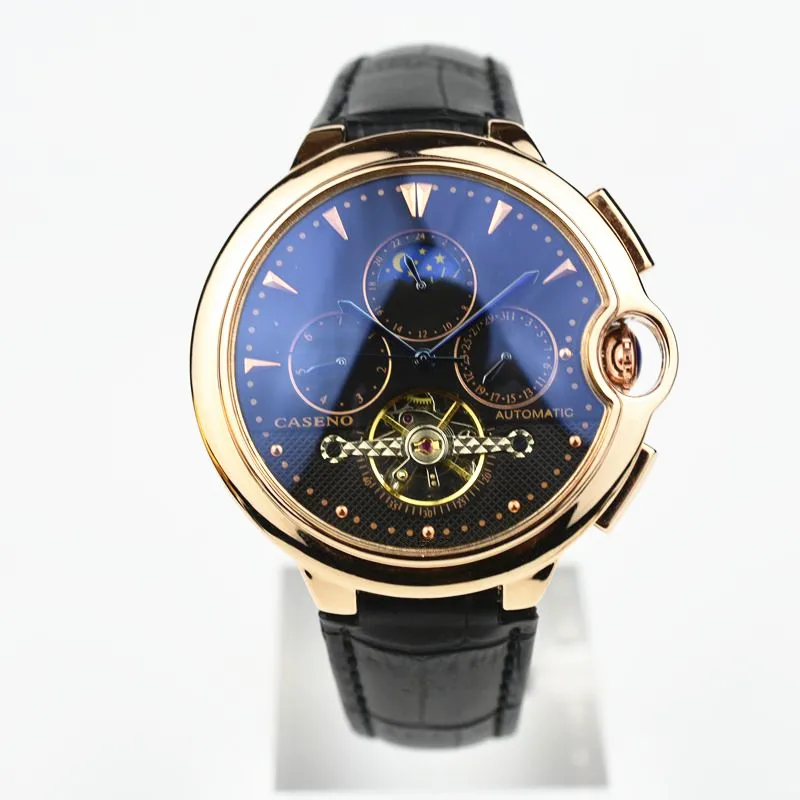 CASENO бренд Роскошный кожаный ремешок tourbillon механические Автоматические Мужские часы дропшиппинг день дата Круглый Скелет Мужские золотые часы