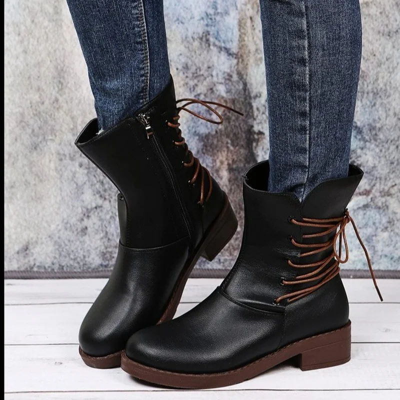 

2020 Hot New Autumn Early Winter Shoes Women Flat Heel Boot Fashion PU leather Women's Boots Back tie Woman Ankle Botas