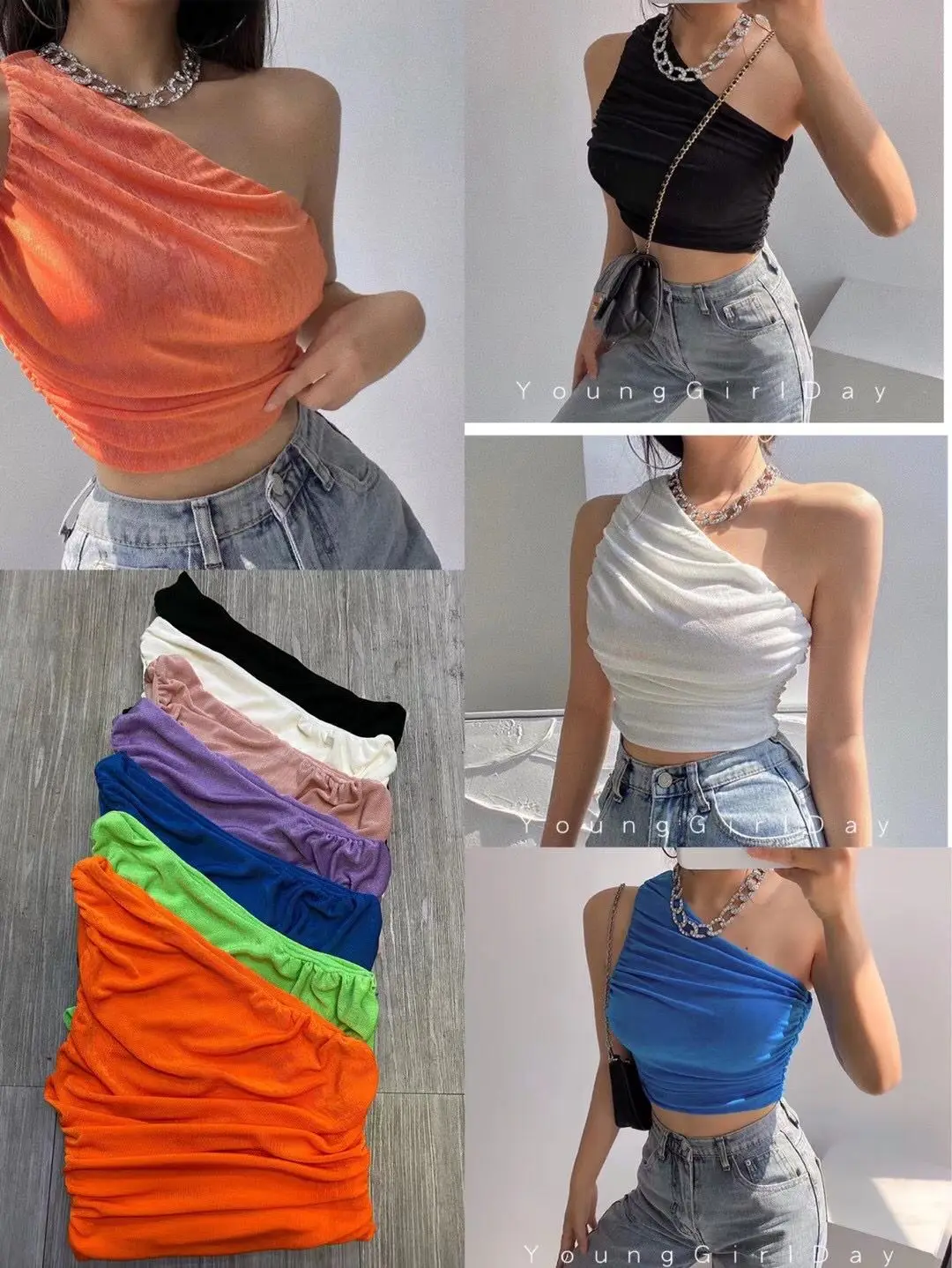 

Shoulder folds crop tops 2021 summer new solid color camis for women all-match slim fit tank top sexy sleeveless camisole ins