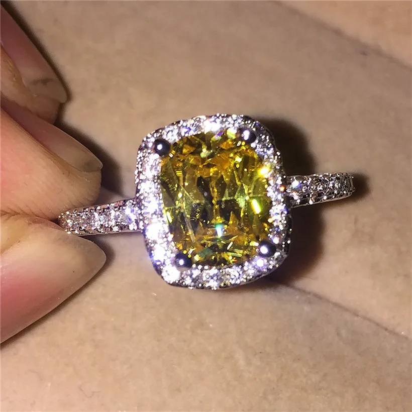 Настоящее Серебро s925 пробы Свадебные Кольца для женщин принцесса cut Желтый 5a CZ