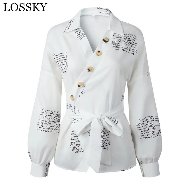 

Women Casual Elegant Letter Print White Blouse Shirt Sexy V Neck Long Sleeve Button Belt Lady Office Workwear OL Formal Shirts