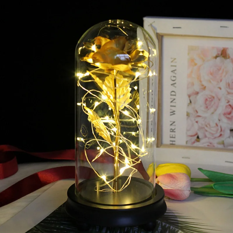 Красота золото Фольга украшен цветком розы и Стекло купол с светодиодный