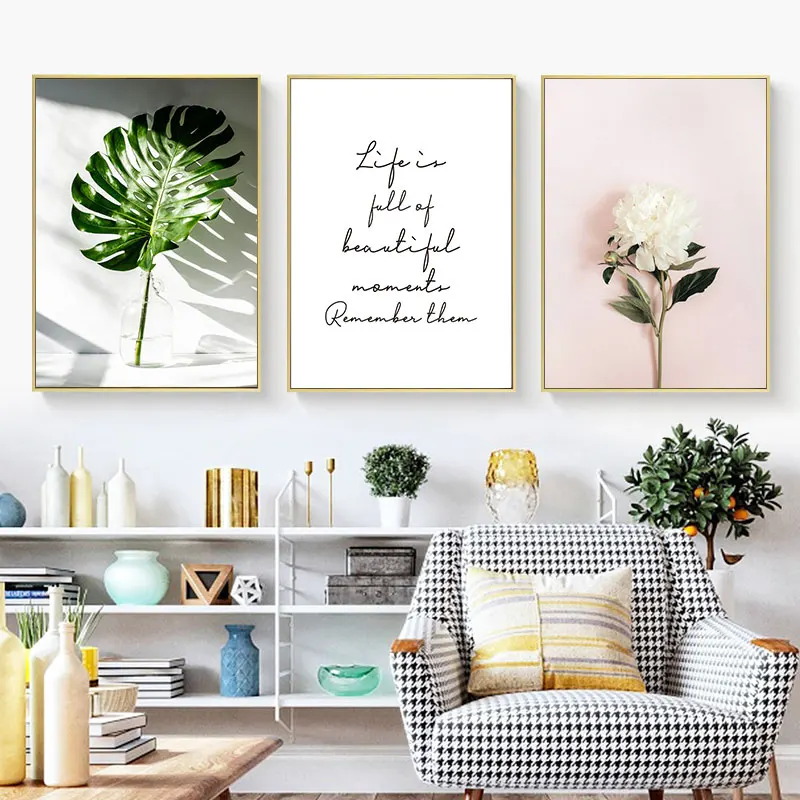 Зеленый Растительный постер изображение листьев цветочный рисунок розовый