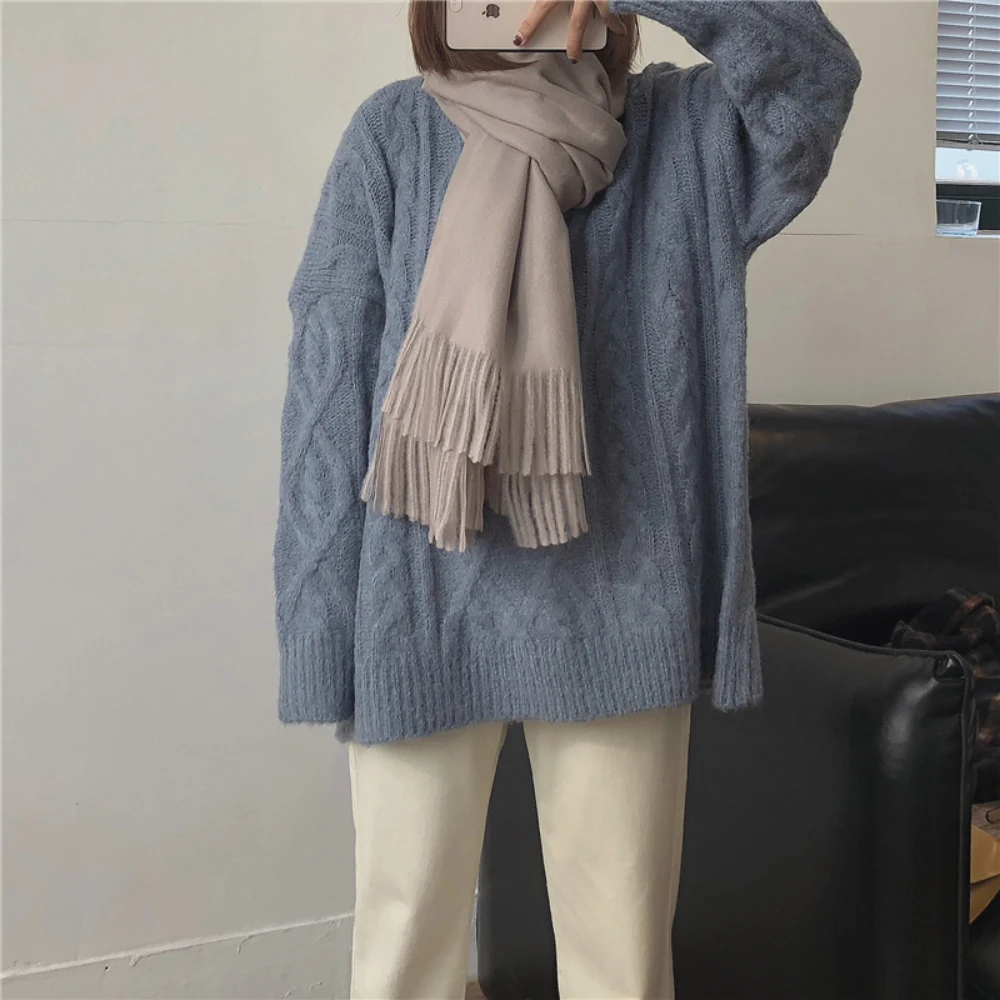 Женский толстый свитер оверсайз с круглым вырезом свободные вязаные Джемперы