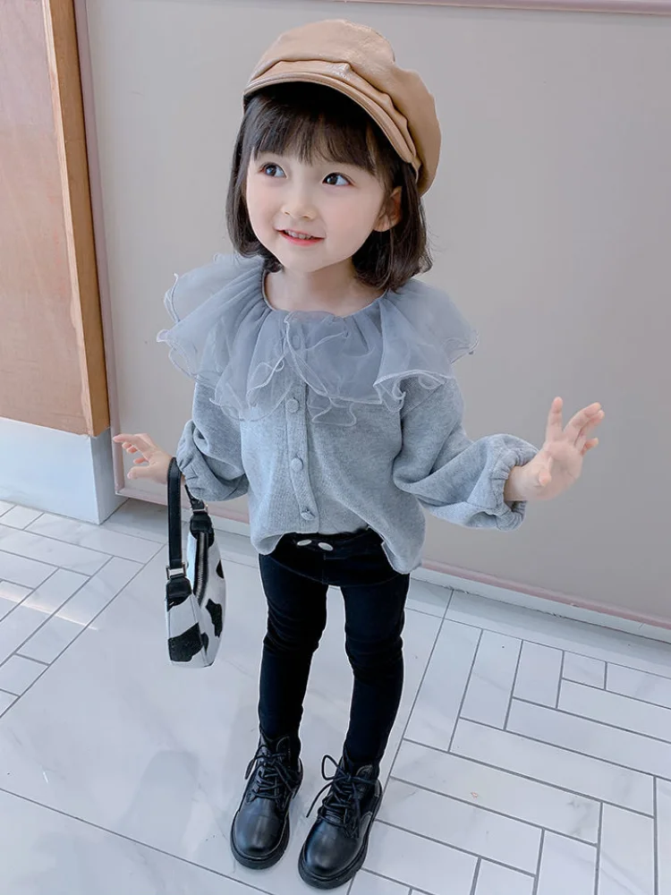 

Kids Children Clothing Baby Coats Toddler Girl 2021 new Spring Autumn clothes Knit cardigan Jacket Trendy Gauze collar Top