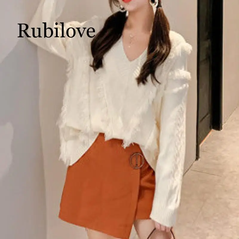 

2019 Handmade hair tassel knitted sweater women pullover Winter long sleeve female jumper Casual lady sweater pull femme