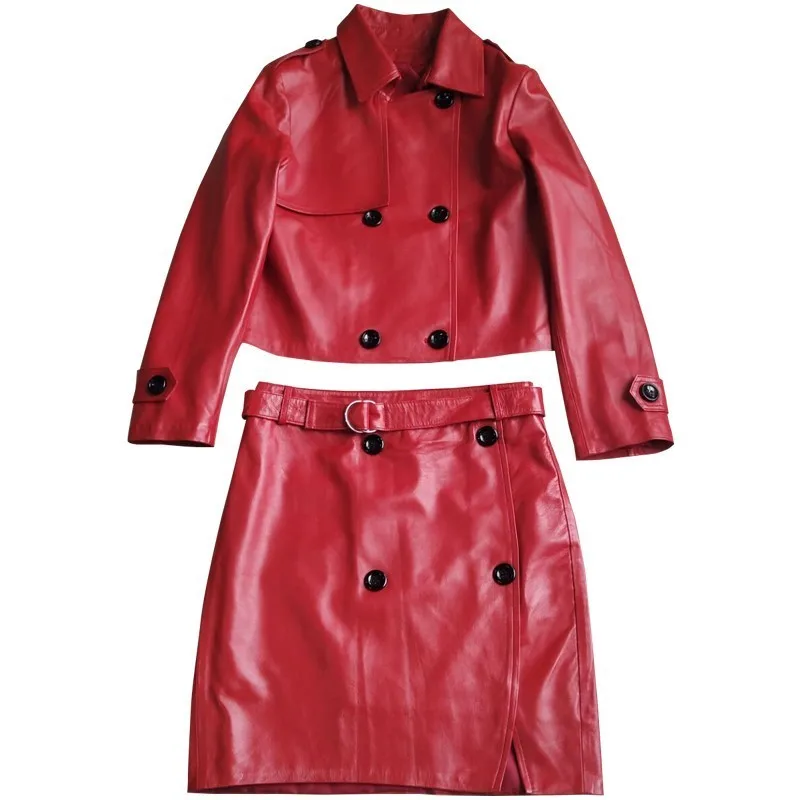 

Genuine Leather Skirt Set Women Fashion Short Sheepskin Jacket + Mini Skirt Biker Real Leather 2 Piece Set Womens Red Suit Lady