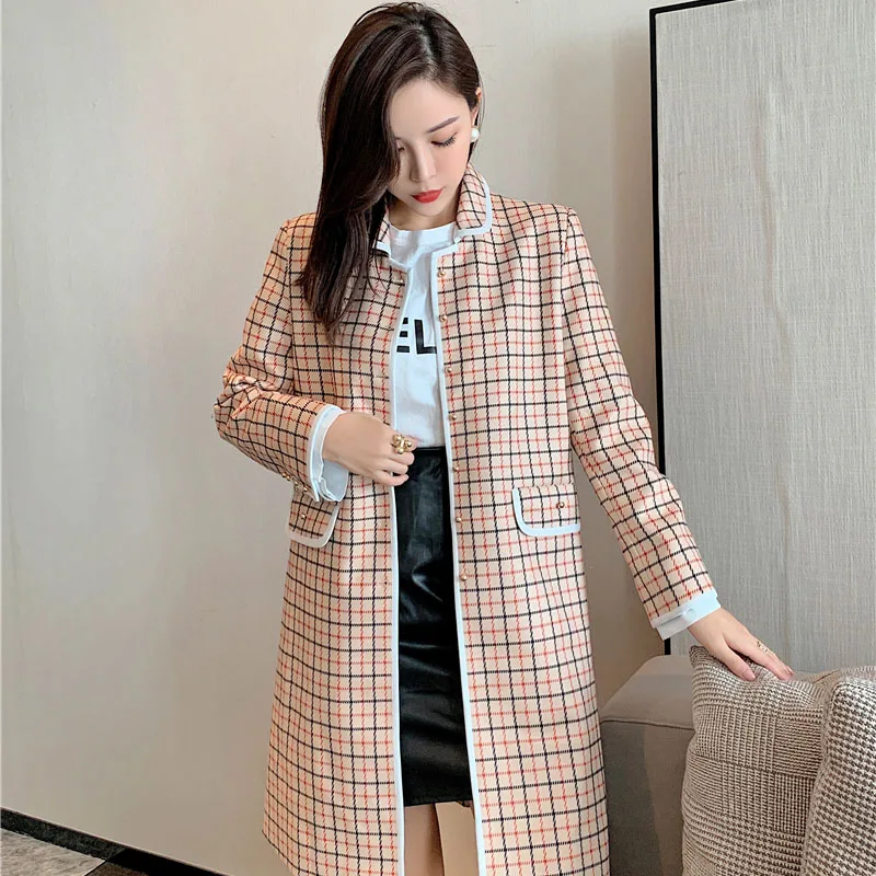 

Woolen Coats Women Plaid Print Vintage Office Lady Long Coat Autumn Winter Outwear Single Breasted Turn Down Collar Elegant B521