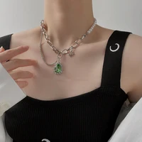 vsnow hiphop green waterdrop rhinestone pendant necklace for women exquisite sun pearl chunky chain asymmetry necklace jewelry