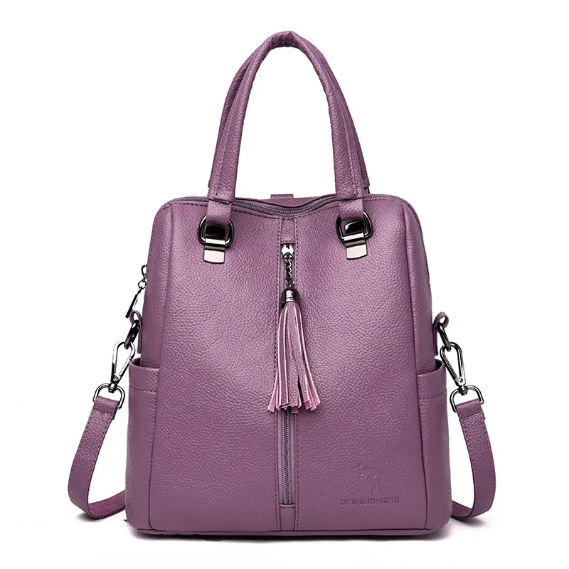 Purple 3 в 1 многофункциональные женские кожаные рюкзаки, женские винтажные сумки на плечо, Sac a Dos Femme, Дамский рюкзак, Одноцветный рюкзак для путешествий - Цвет: Purple