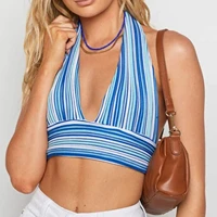 woman halter camisole stripe print tube top deep v collar pleated fabric short tops beach street style sexy lady small vest