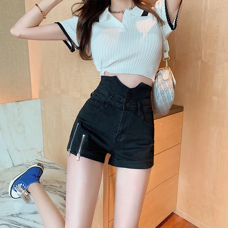 

Spring And Summer New Korean Style Hot Pants With Zipper Slit, High Waist Slimming Shorts