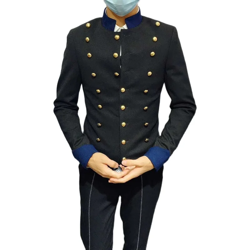 Украшение с золотыми пуговицами синий сшитый воротник-стойка