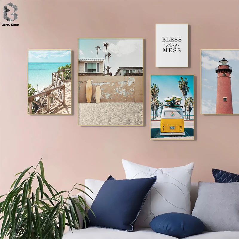 

Bus Sky Sea Beach Coconut Palm Quote Nordic Posters And Prints Wall Art Canvas Painting Wall Pictures For Living Room Decor
