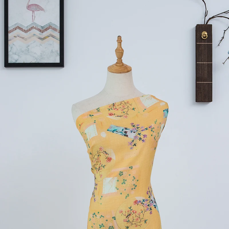 

Высококачественная ткань из чистой ткани рами, оранжевая, желтая ткань с цифровой печатью, материал для Ципао